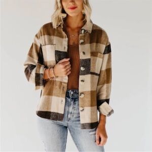 Brown and Tan Plaid Button Up Shacket Size Medium